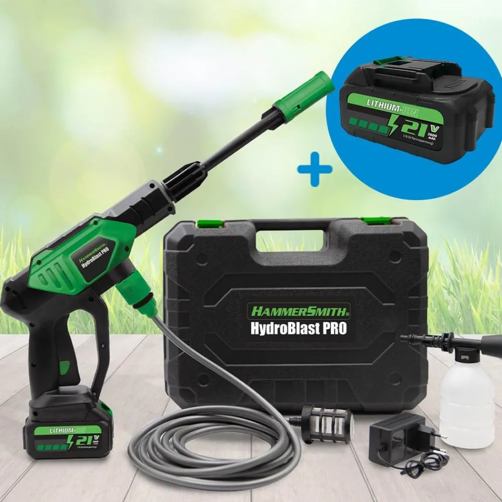 Hammersmith Garten|Reinigung-HydroBlast Pro Autowaschpistole 2in1 Vorteil-Set inkl. Zusatzakku 2600mAh
